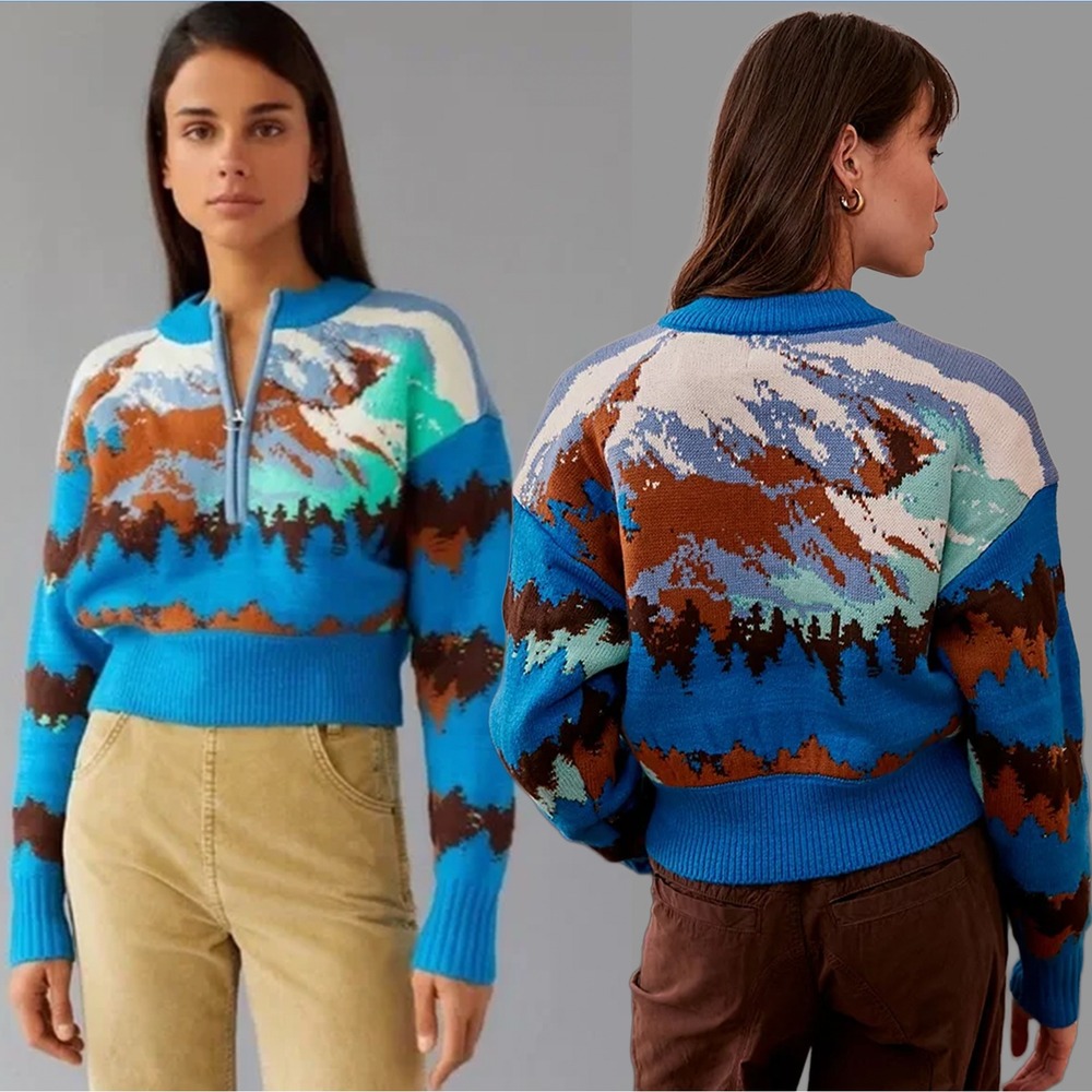 Urban Outfitters BDG Jesse Half-Zip Mountain Graphic Half-Zip Sweater, Large - Picture 1 of 12